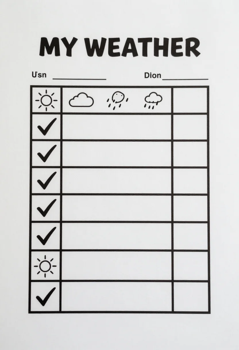 Weather station pretend play — a weather log with "MY WEATHER" at the top and a week grid with boxes to tick sunny, cloudy, rainy, windy or snowy and an empty box for the temperature, clean closed black line art for colouring in, uniform medium outlines, no shading, no gray tones, no fills