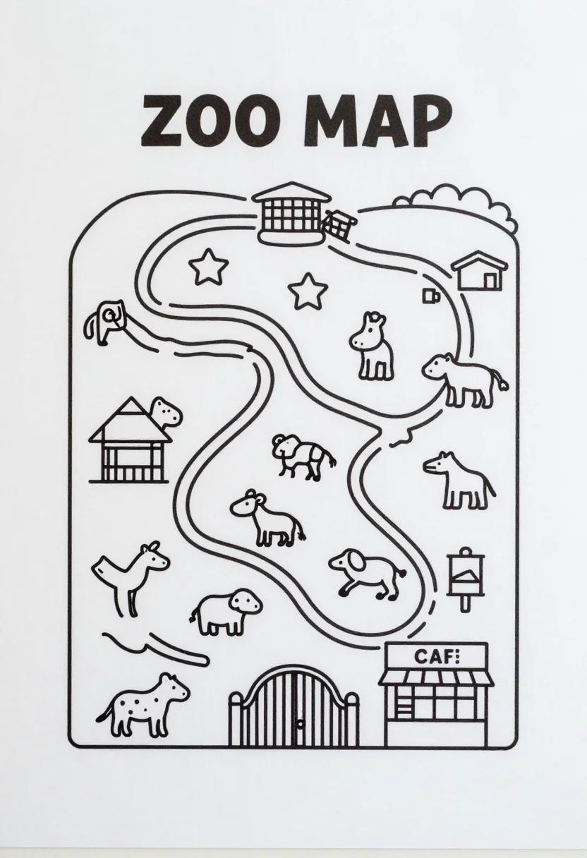 Zoo pretend play — a zoo map with "ZOO MAP" at the top, winding paths and empty enclosure shapes to draw animals in, with an entrance gate and a café, clean closed black line art for colouring in, uniform medium outlines, no shading, no gray tones, no fills