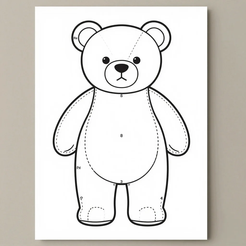 Plushie patterns — a teddy bear plushie pattern sheet with the head side, head gusset, body, arm, leg and ear pieces outlined, each with its cut count and the stuffing opening marked by two small lines, a clean printable pattern in crisp black lines of one even weight, solid cutting lines and dashed seam lines, with small block-capital labels and measurements