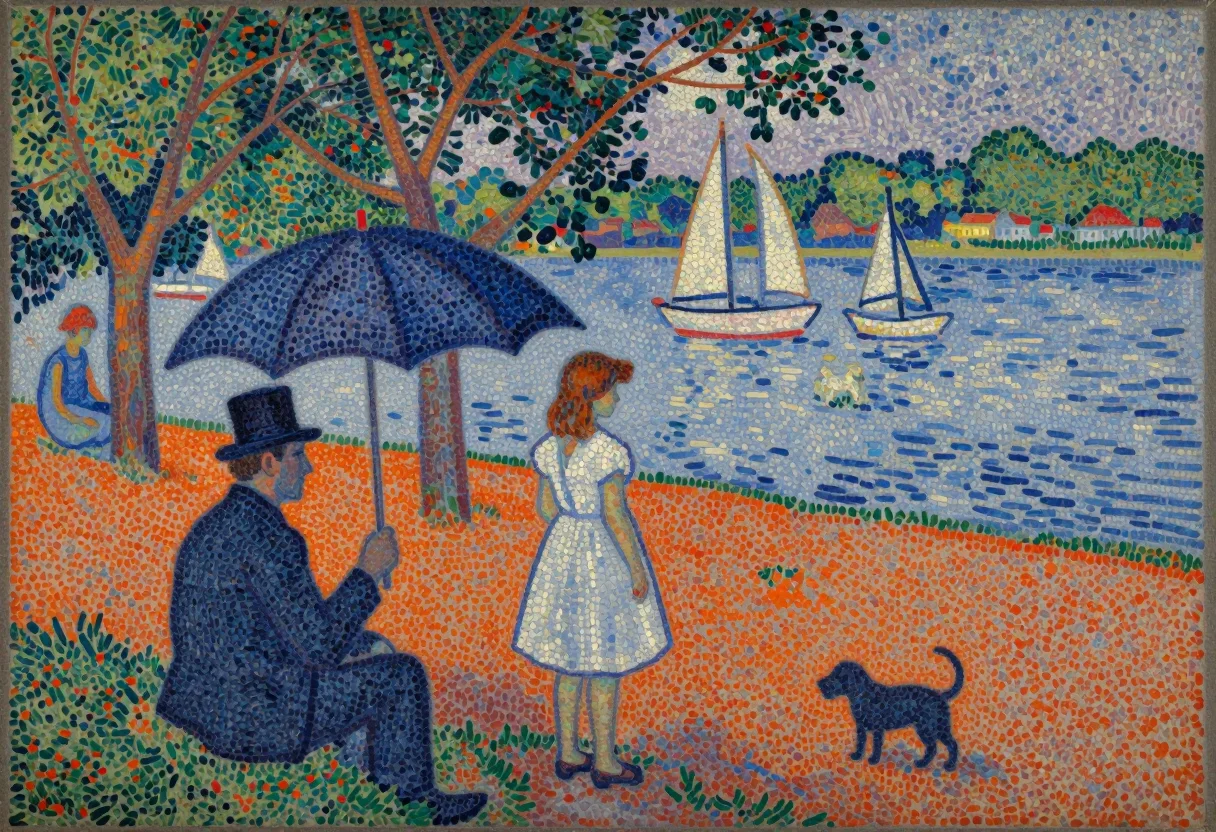Pointillism — a Sunday riverbank with figures in strict profile under parasols, a seated man in a top hat, a girl in white, a small dog and sailboats on the water beyond the trees, small uniform dots of pure colour on canvas, the tone made by their density and the canvas weave showing through