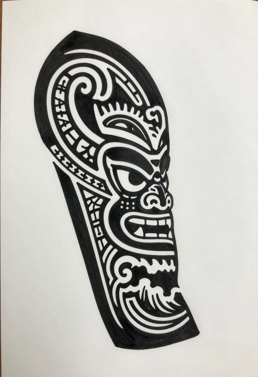 Polynesian tattoos — a Marquesan shoulder-and-chest design that curves down toward the arm, with a tiki face, ocean waves and rows of small motifs, a bold black tattoo drawing in the Polynesian manner, solid black fills against thin white channels, rows of repeated small motifs