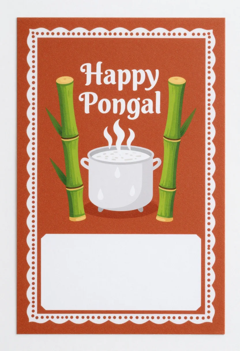 Pongal cards — a vertical card with a pot boiling over between two sugarcane stalks, "Happy Pongal" lettered above it and a blank panel below for the sender, white-line kolam border design with dotted pulli patterns framing a flat illustration