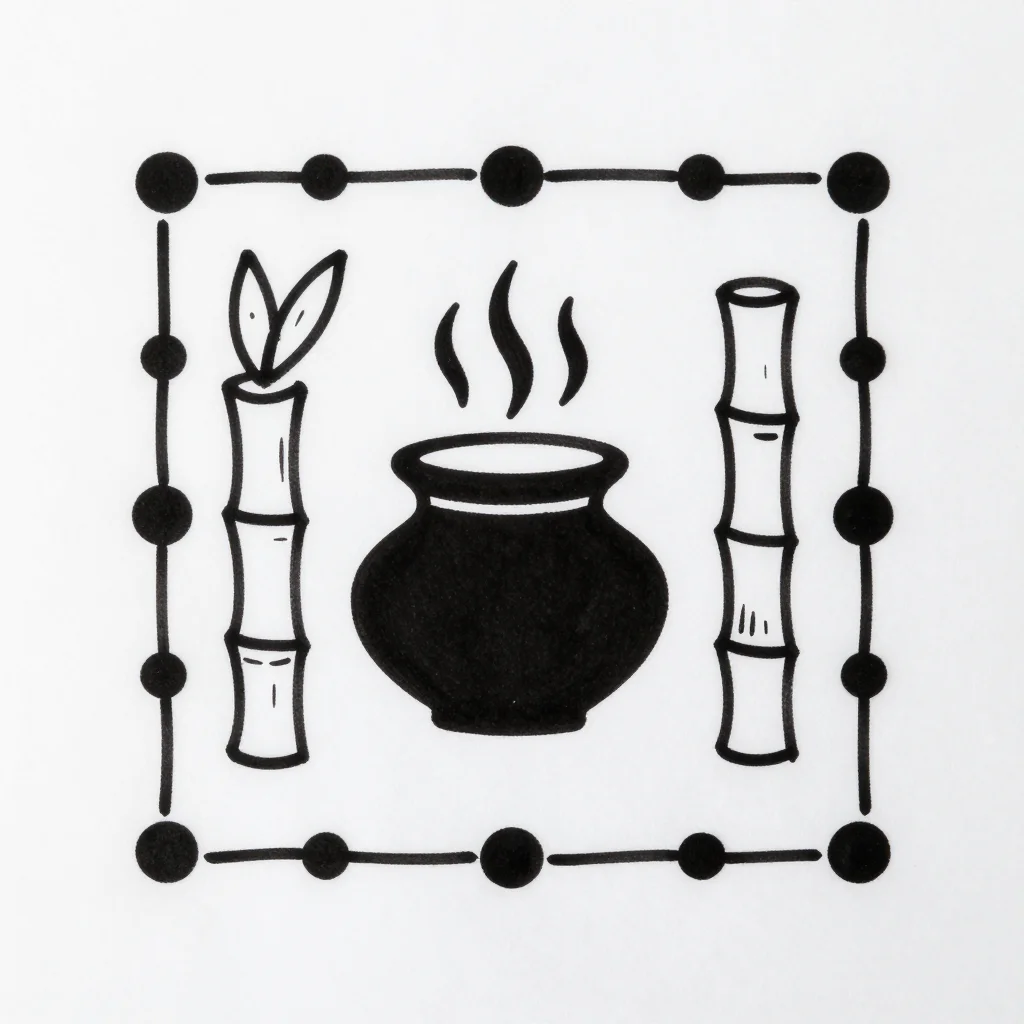 Pongal kolam — a Pongal kolam of a clay pot boiling over, two sugarcane stalks and a turmeric plant on either side, drawn around a fifteen-to-one dot grid, clean even black lines looping around a grid of bold black dots, every dot clearly visible so the count can be read