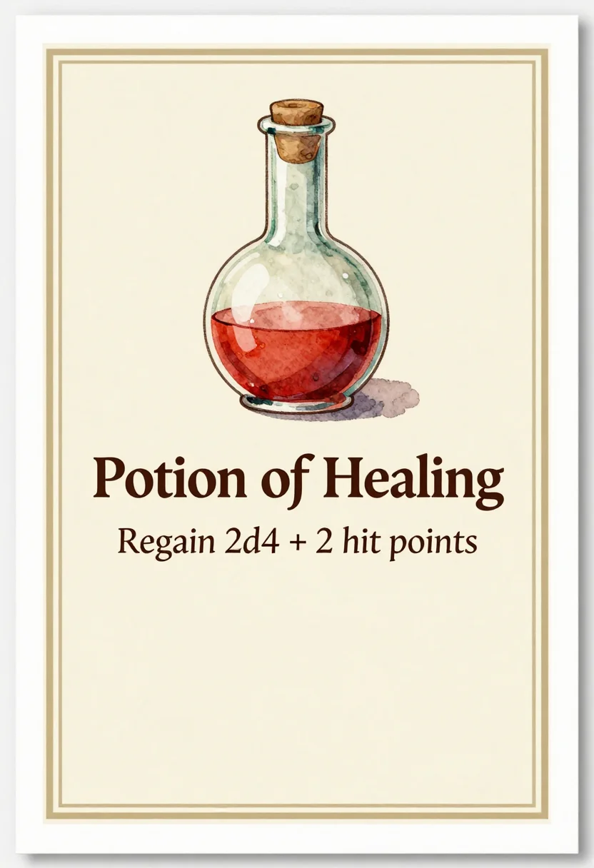 Potion cards — a tall card with a red round-bottomed flask drawn in the upper half, the title "Potion of Healing" across the middle, and the line "Regain 2d4 + 2 hit points" beneath it, apothecary label look, a cream card with a fine double border, glass bottles drawn in watercolor, a serif title