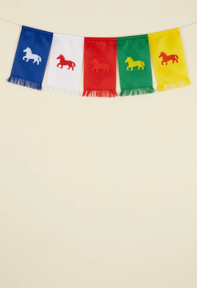 Prayer flags — One strand of five square flags on a cord in the order blue, white, red, green, yellow, each carrying a small wind-horse motif at its centre and a fringed lower edge, sagging gently across the field, no lettering., flat print design, bold simple shapes, no outlines, a slight cloth grain over the coloured fills