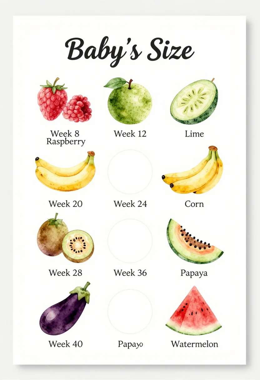 Pregnancy week charts — a chart titled "Baby's Size" with eight fruits in a grid, captioned "Week 8 Raspberry", "Week 12 Lime", "Week 16 Avocado", "Week 20 Banana", "Week 24 Corn", "Week 28 Eggplant", "Week 36 Papaya" and "Week 40 Watermelon", soft watercolor illustration, gentle wash edges inside clean shapes, delicate botanical touches, elegant serif and script lettering