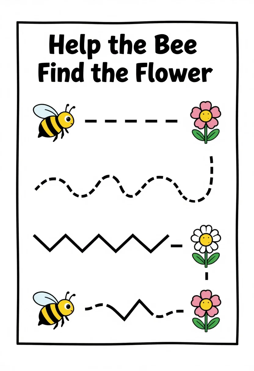 Preschool worksheets — a worksheet headed "Help the Bee Find the Flower" with four wide dashed paths, straight, wavy, zigzag and looping, each running from a small bee on the left to a flower on the right, a plain black line worksheet, thick clean rounded lines and simple outline pictures, nothing decorative