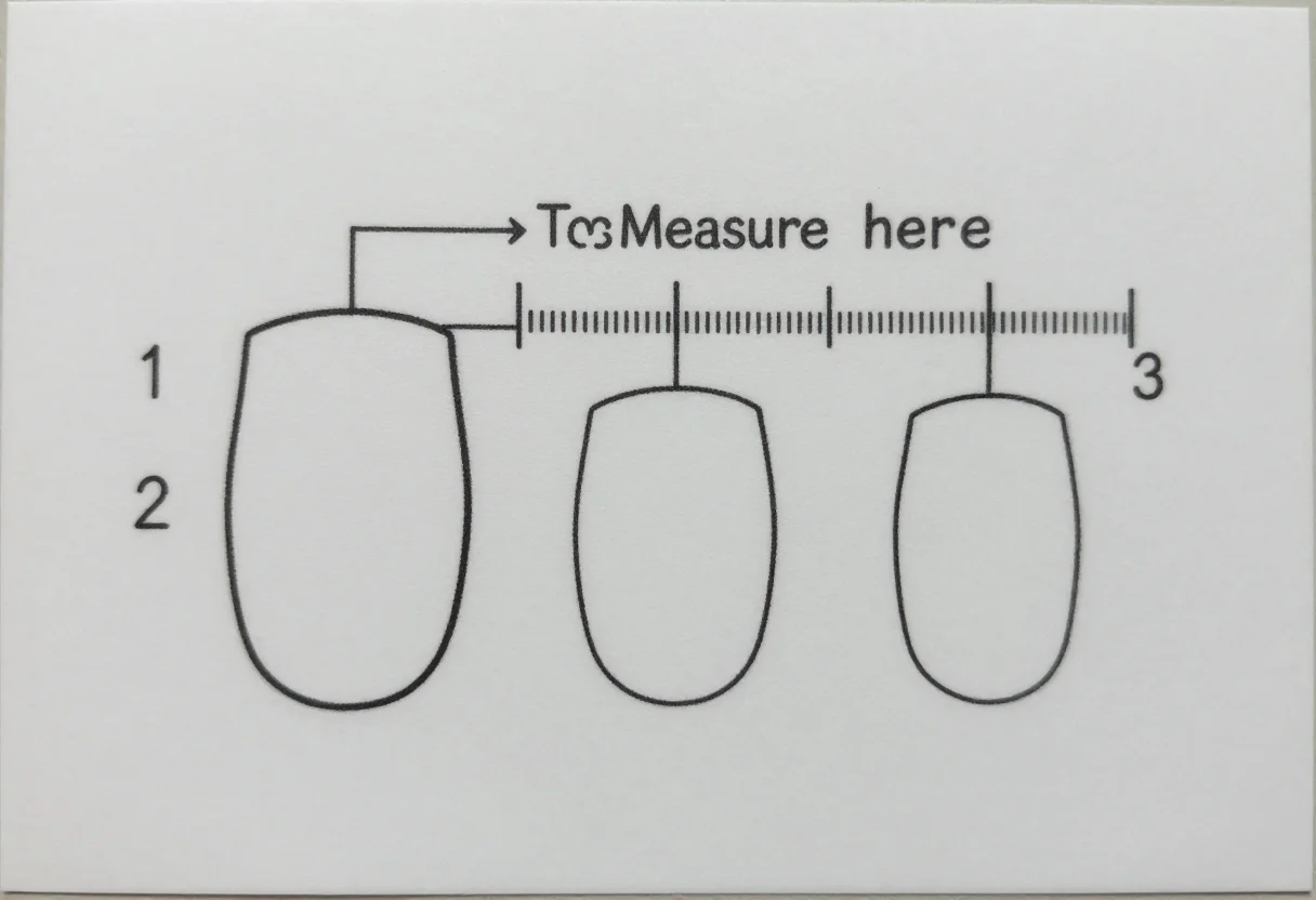 Press-on nail size charts — a large nail drawing with a tape across its widest point and an arrow labelled "Measure here", beside three numbered steps written under "1", "2" and "3", technical line art with uniform thin black outlines and ruled measuring ticks