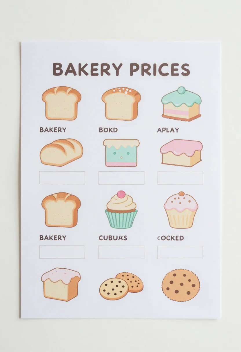 Pretend bakery kits — a bakery price board with drawn bread, cupcakes and cookies in a grid, each item named with a blank price box, headed "BAKERY PRICES", a sweet pastel design with rounded cakes and cookies and soft outlines