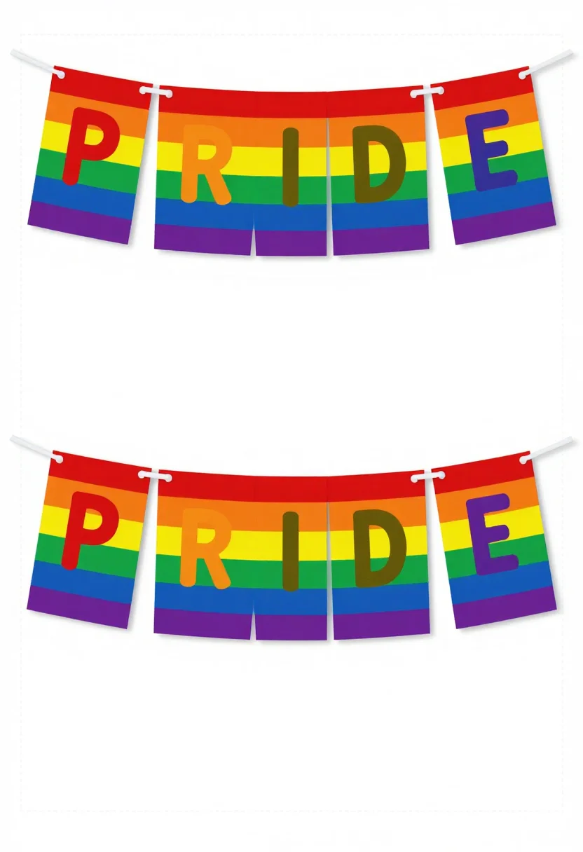 Pride printables — a rainbow banner of rectangular flags strung on a cord, each flag carrying one letter of "PRIDE" over the six rainbow bands, with a fold tab along every top edge, a bright saturated flat treatment with hard edges, thick even bands and heavy rounded sans-serif lettering