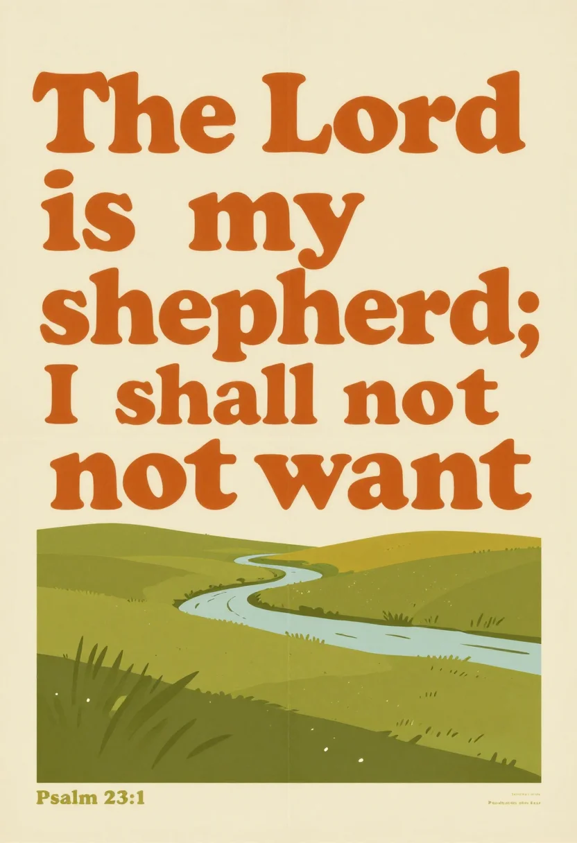 Psalm posters — A poster with "The Lord is my shepherd; I shall not want" set across two centred lines above a flat landscape of low green pasture and a narrow still stream, "Psalm 23:1" in small capitals at the foot., mid-century poster design, flat blocked shapes, no outlines, slight printed grain over the fills