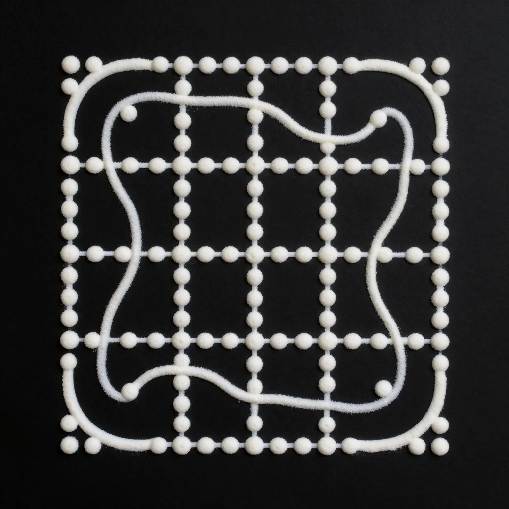Pulli kolam — a sikku kolam on a seven-by-seven dot grid, one unbroken line looping around every dot and closing on itself, drawn the traditional way in a thick soft white rice-flour line