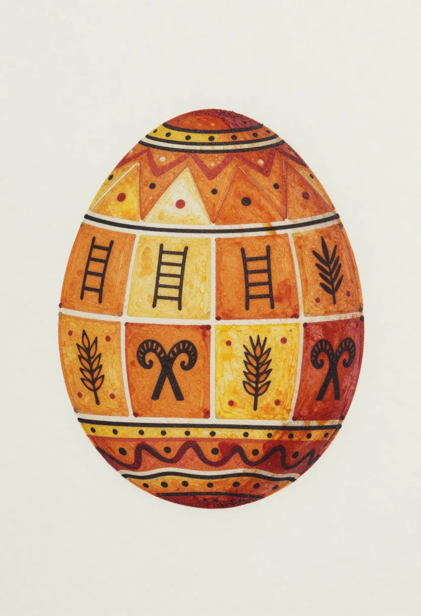 Pysanky — An egg seen whole: bands dividing the shell into forty small triangles, each filled with a different mark, dots, ladders, wheat, ram's horns, a broad meander running round the waist, the wax lines still slightly raised., wax-resist pysanka: every line reserved in beeswax before the next dye bath, the palette built light to dark