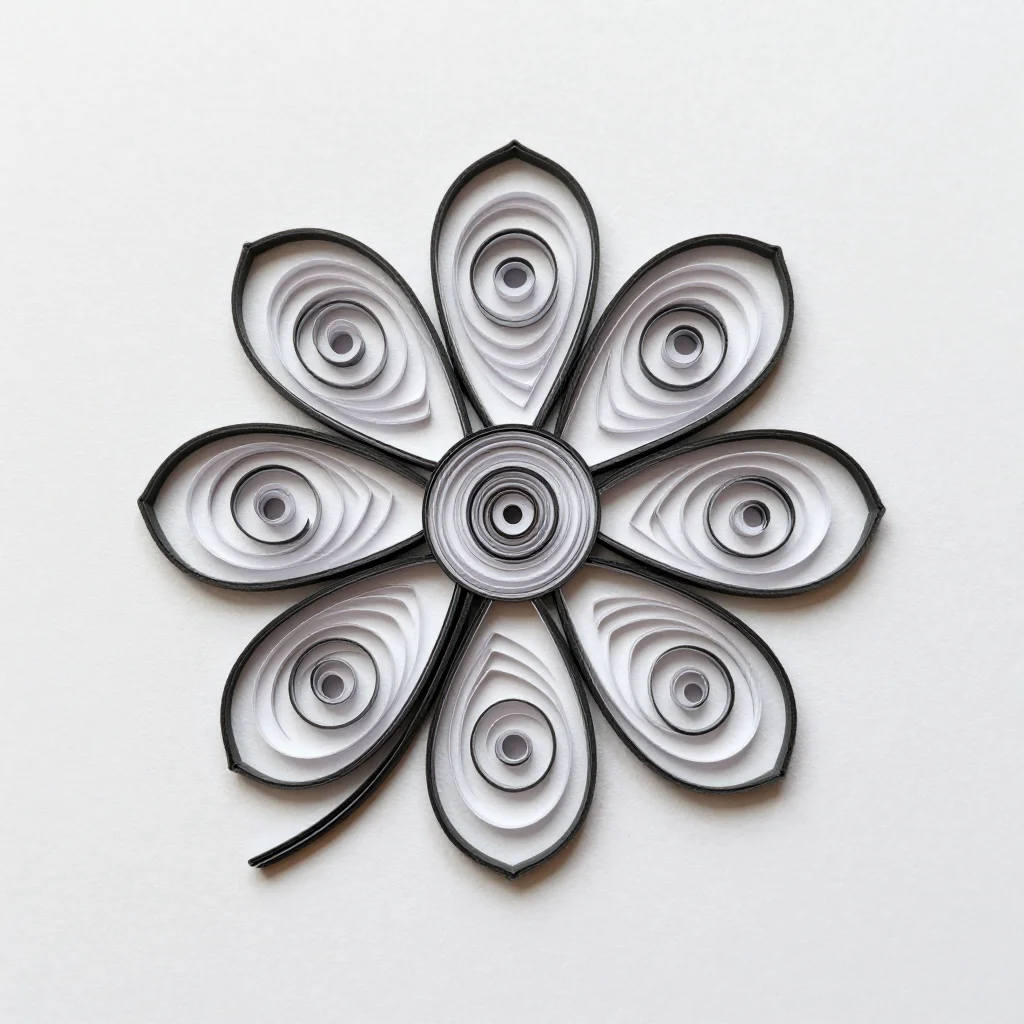 Quilling patterns — a flower of eight teardrop petals set round one tight centre coil, with two marquise leaves and a loose-coil bud carried on a curved stem, a blackline pattern sheet, every coil drawn as a thin spiral so its turns can be counted, the strip widths held even throughout