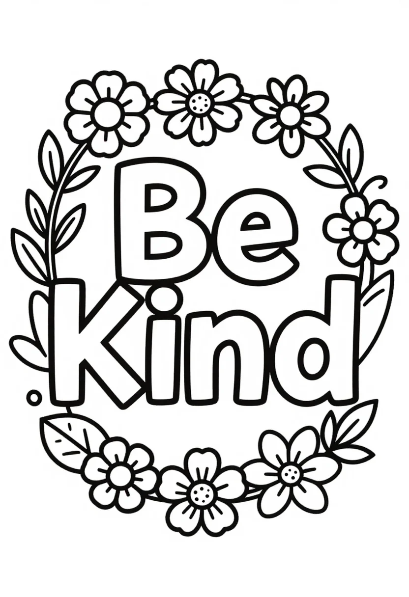 Quote coloring pages — the words "Be Kind" in large outline letters in the center, a wreath of wildflowers and leaves around them, thick black outline, wide open letters and large simple decorations, easy to color for children