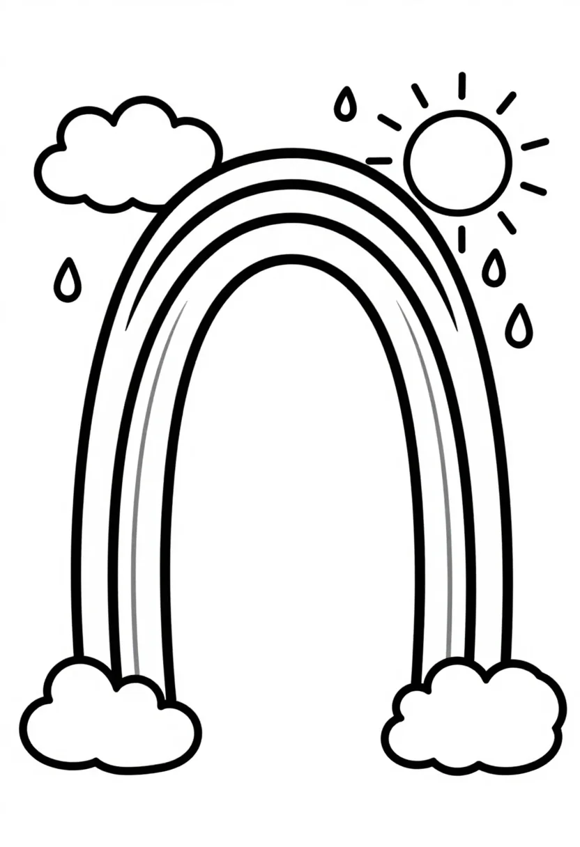 Rainbow coloring pages — a seven-band rainbow arching between two puffy clouds with raindrops and a smiling sun behind, bold uniform black outlines, wide clear rainbow bands each closed as its own shape, large open areas