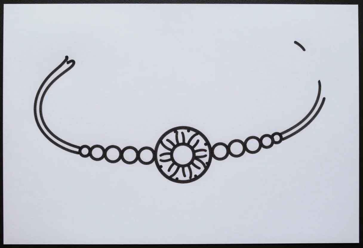 Rakhi drawings — a single rakhi with a round flower medallion, beads and long tasselled threads, laid in a gentle curve, an easy drawing for children in thick uniform black marker outlines and simple rounded shapes, every shape left open to colour, no shading