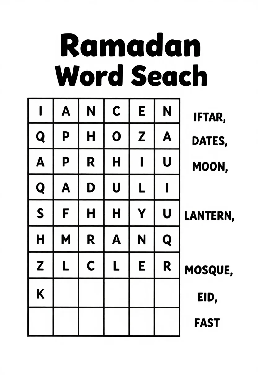 Ramadan activity sheets — a page titled "Ramadan Word Search" with a twelve-by-twelve letter grid and a word list beside it reading "IFTAR, SUHOOR, DATES, MOON, LANTERN, MOSQUE, EID, FAST", clean bold black outlines in the manner of a coloring book, every box and drawing left empty to colour in