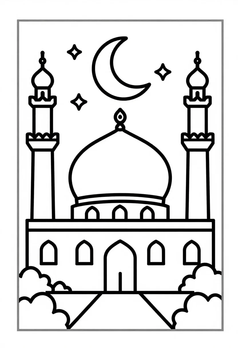 Ramadan coloring pages — a domed mosque with two minarets under a large crescent moon and stars, a row of arched windows and a garden path to the door, drawn for little ones in thick uniform outlines, few parts and big shapes