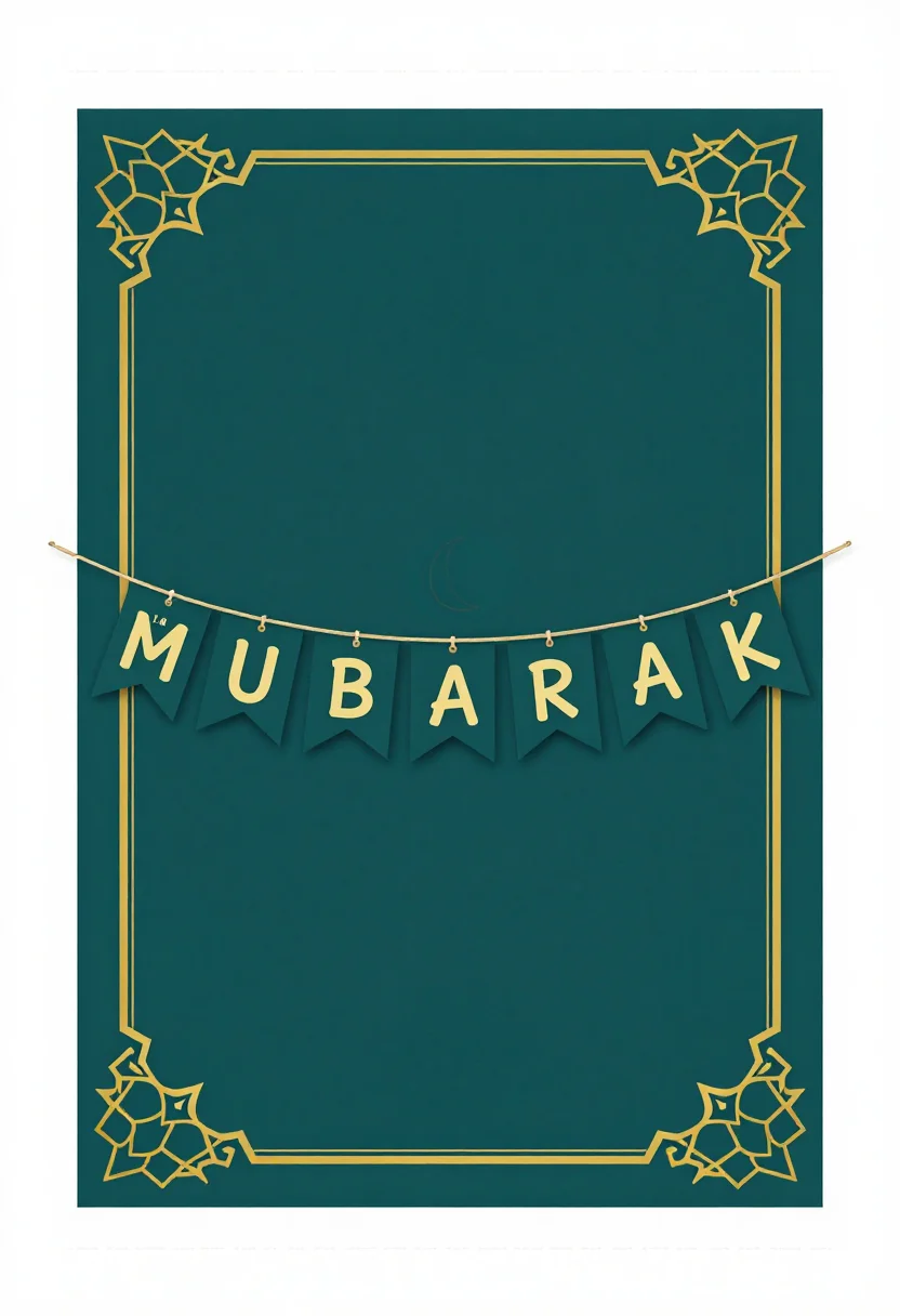 Ramadan & Eid printables — a strip of crescent-and-lantern bunting flags to cut out, the letters of "EID MUBARAK" set one to a flag and a punch mark in each top corner, a geometric arabesque treatment with an interlaced eight-point star border and a fine ruled inner frame