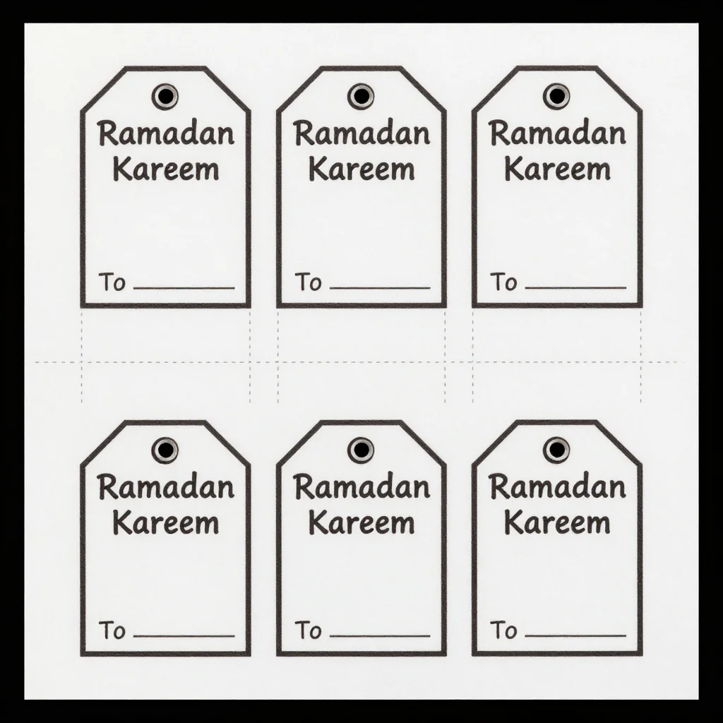 Ramadan gift tags — a sheet of six rectangular tags in a two-by-three grid, each lettered "Ramadan Kareem" with a small crescent, a punch hole and a blank "To" line, bold black outlines on empty shapes, the drawings left to colour in