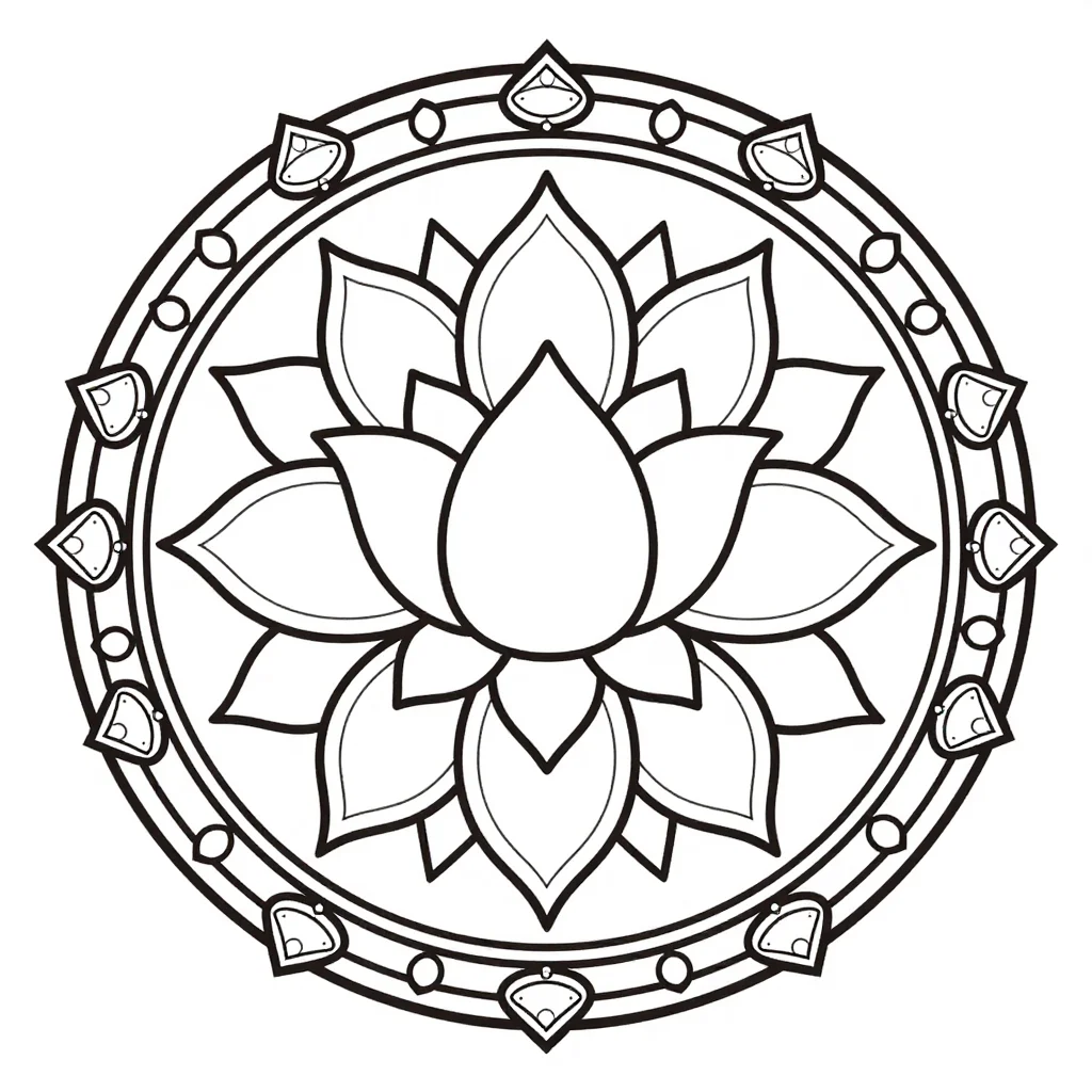 Rangoli coloring pages — a round rangoli with a central lotus, eight petals in rings, a border of small diyas and paisley drops, thick uniform black outline, large open shapes and few petals, easy for small hands