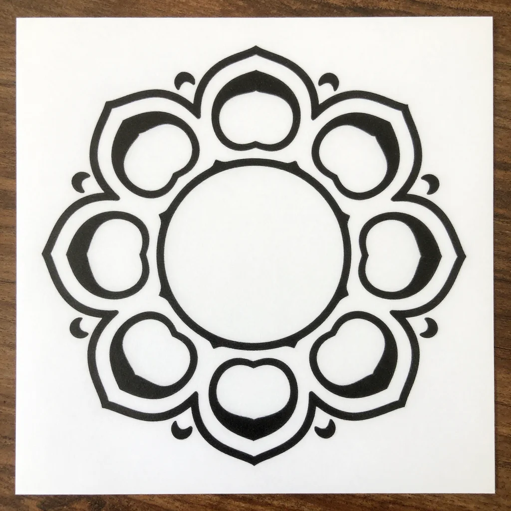 Rangoli stencils — a round mandala stencil, three rings of petal cut-outs held by thin bridges, a solid circle left at the centre, a beginner stencil with a few large rounded openings and wide sturdy bridges, easy to cut with scissors