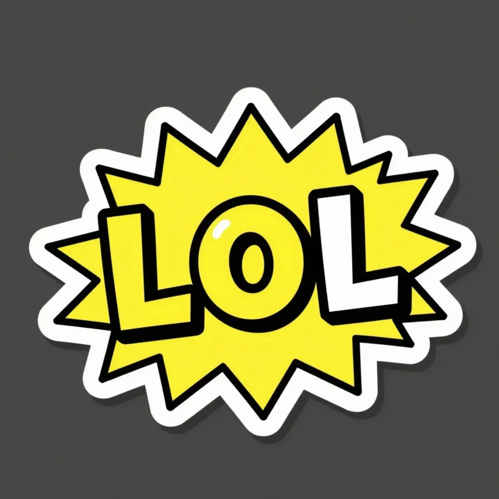 Reaction stickers — A burst shape lettered "LOL" in bold with laughing tears, messaging-app sticker, expressive cartoon, thick outline, bold flat colour