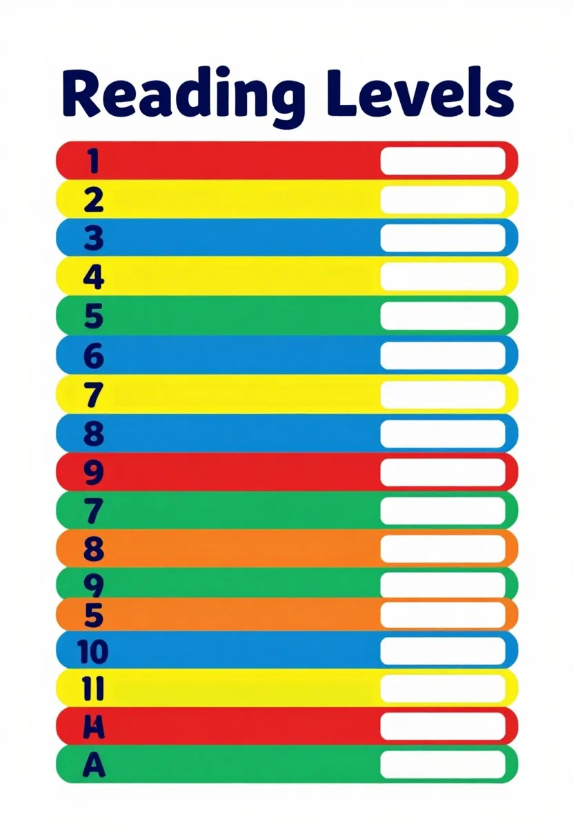 Reading level charts — a tall ladder chart titled "Reading Levels" with twenty-six rungs lettered "A" at the bottom to "Z" at the top, the rungs grouped in colour bands and a blank name tag beside the ladder, a cheerful flat vector school poster, bold clean shapes, thick rounded sans-serif lettering, a crisp even layout and smooth gradient-free fills