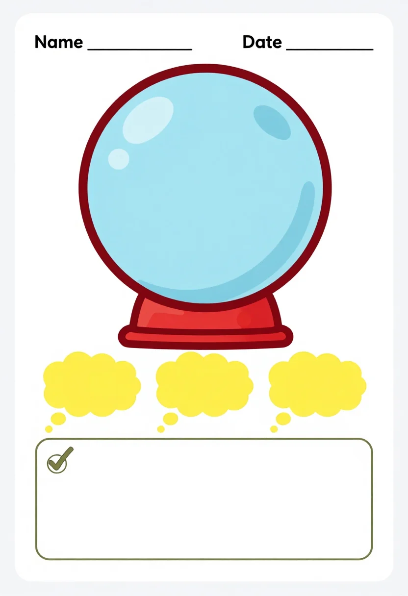 Reading response — A worksheet with a large drawn crystal ball at the top holding blank lines, a row of three small thought bubbles beneath each with a blank line, and a wide blank box at the bottom labelled by a small drawn checkmark, thin border., bright flat classroom design, bold primary colours, rounded corners, clean vector