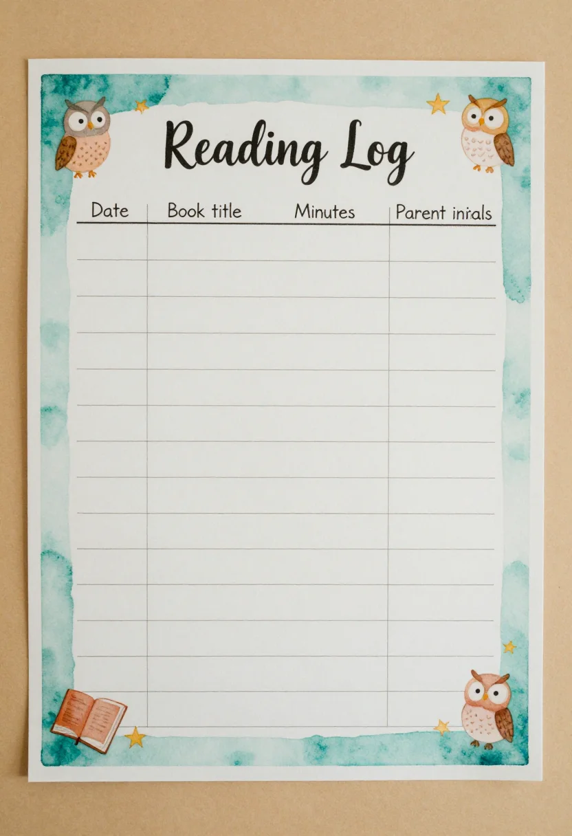 Reading reward charts — a log titled "Reading Log" with columns "Date", "Book title", "Minutes" and "Parent initials", twelve empty ruled rows, a storybook printable page, soft watercolour washes, a friendly hand-lettered title and small illustrations of owls, books and stars in the corners