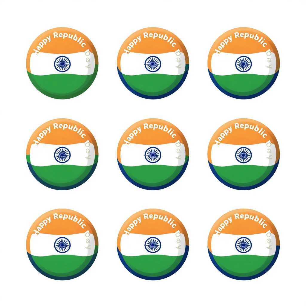 Republic Day badges — a two-by-three grid of round badges, each with a waving tricolour and "Happy Republic Day" lettered round the rim, flat vector badges with bold clean shapes and crisp edges
