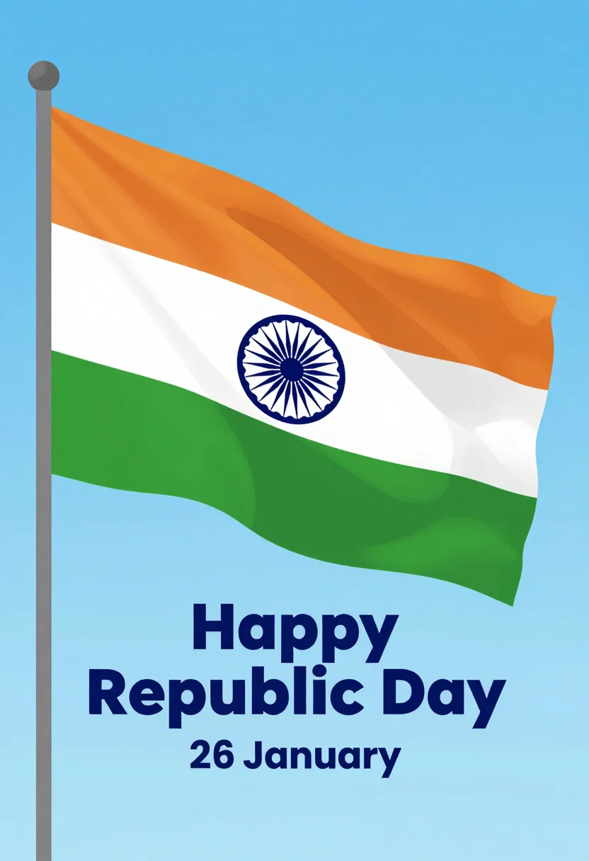 Republic Day posters — the national flag waving across a clear sky, "Happy Republic Day" and "26 January" lettered below it, flat vector poster illustration, bold clean shapes, smooth gradient-free fills, no outlines
