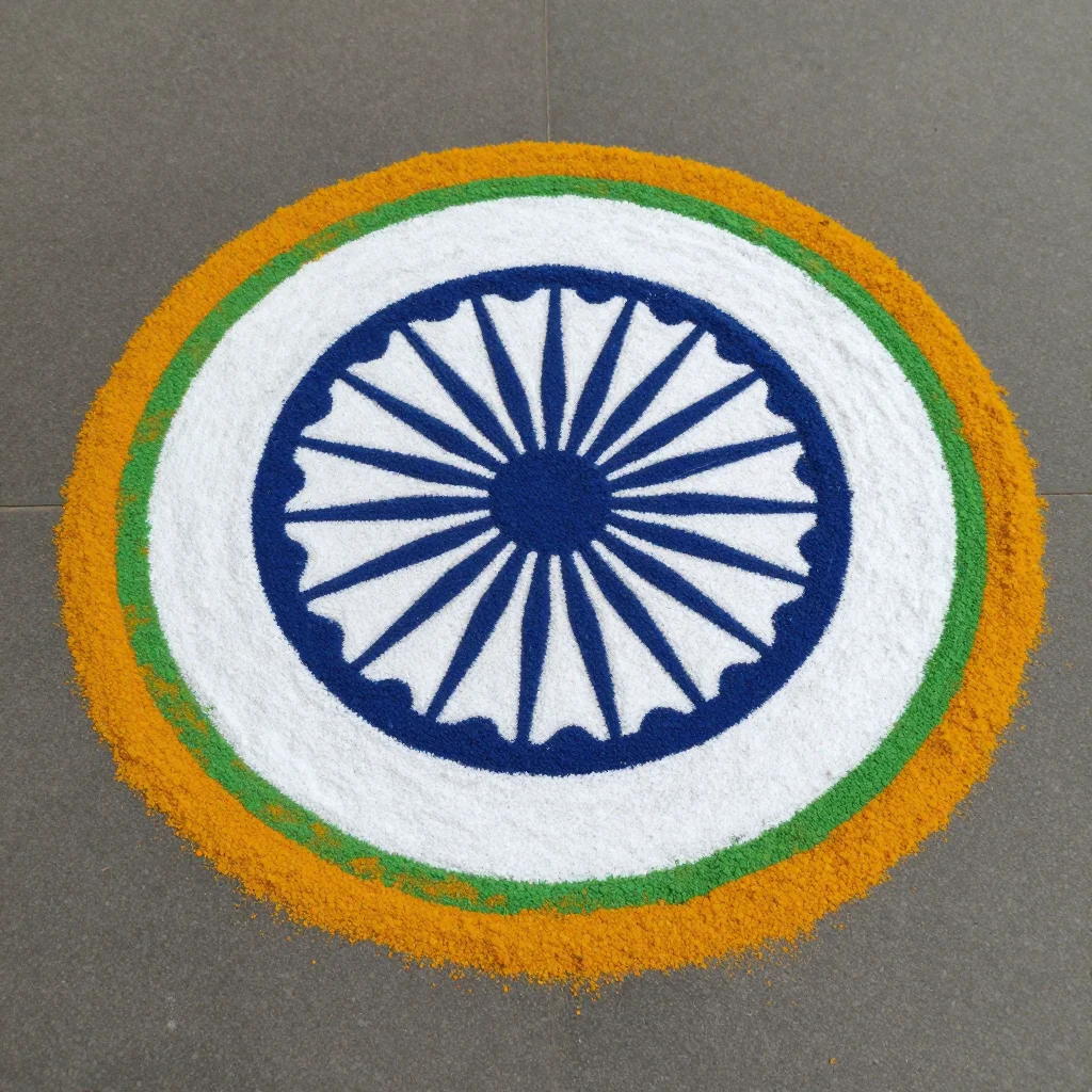 Republic Day rangoli — a round rangoli of three rings in saffron, white and green, a navy-blue Ashoka Chakra of twenty-four spokes at the centre, laid in fine coloured powder, soft grainy edges and smooth heaped lines