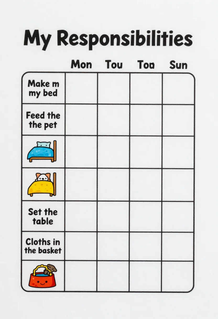 Responsibility charts — a weekly grid titled "My Responsibilities" with object icons for "Make my bed", "Put toys away", "Feed the pet", "Set the table" and "Clothes in the basket", and "Mon" to "Sun" columns of empty boxes, cheerful hand-drawn children's illustration with chunky crayon outlines, rounded shapes and friendly broom, bed and pet-bowl icons