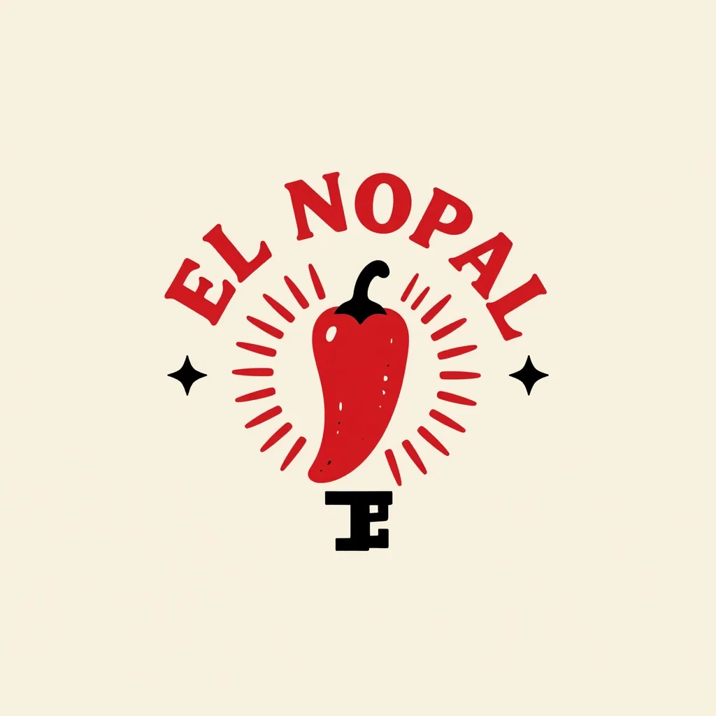 Restaurant logos — the invented name "EL NOPAL" for a taqueria, a single chile pepper standing in front of a radiating sunburst with a small prickly pear pad at its foot, a circular badge lockup with the name curved around the ring, a thick keyline, small stars either side and bold clean shapes with no gradients