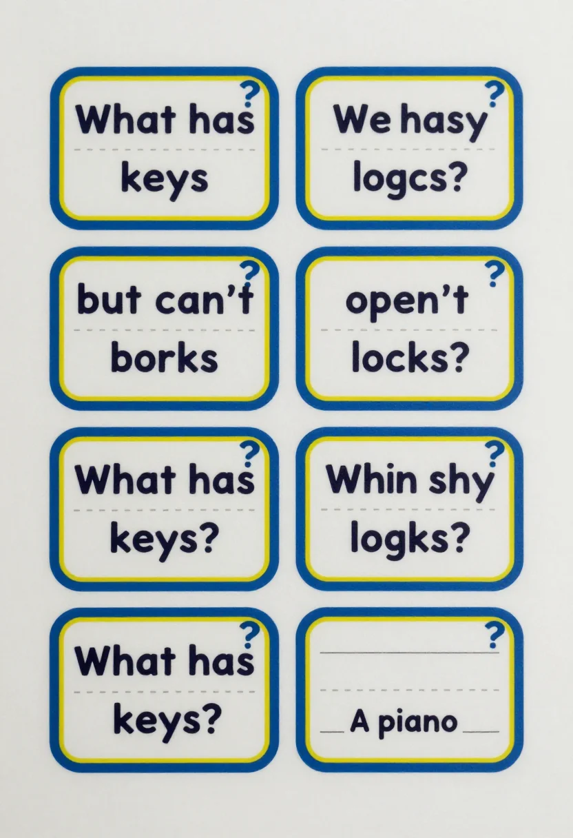 Riddle cards — a printable sheet of six riddle cards in a 2 by 3 grid with dashed cut lines, one reading "What has keys but can't open locks?" with "A piano" in small type at its foot, a friendly classroom printable with rounded card borders and a small question-mark motif