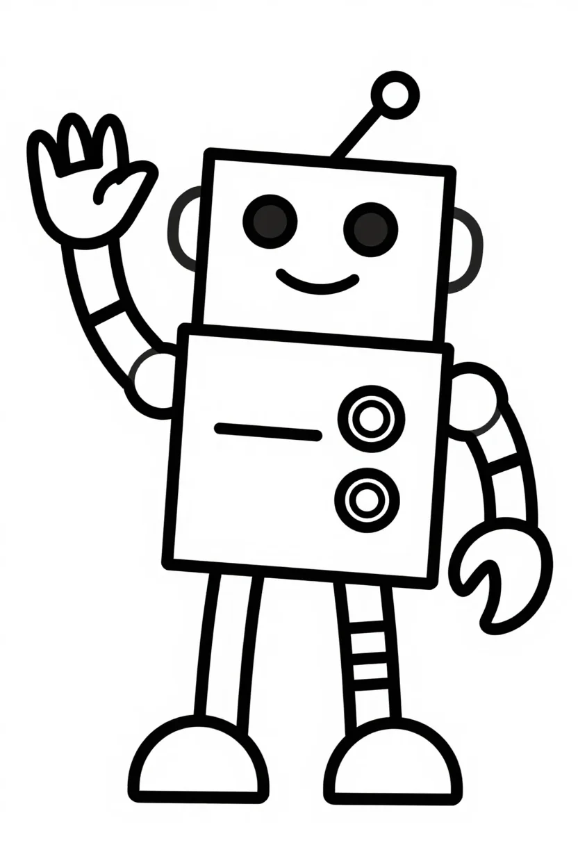 Robot coloring pages — a boxy robot waving, an antenna on its square head, dials on its chest and spring arms with claw hands, bold uniform black outlines, simplified shapes and large open areas a six-year-old can color inside