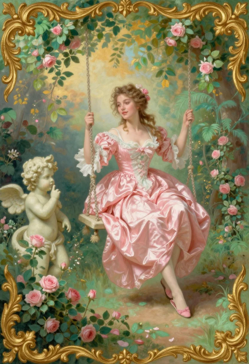 Rococo — a young woman in billowing pink silk on a garden swing, one slipper flying off her foot, a stone cupid with a finger to its lips, roses crowding below, Jean-Honoré Fragonard, feathery brush, glowing pastel greens and pinks, theatrical foliage, playful flickering light