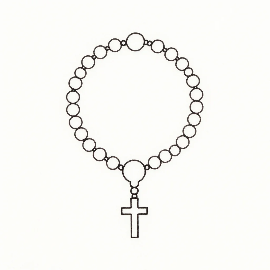 Rosary designs — A rosary drawn as a closed circle with five groups of ten small round beads separated by four larger beads, a centre medal at the join and a short pendant of five beads ending in a crucifix, centred and isolated, no text., fine single-weight line design, clean closed line art, no shading, no fills, isolated on a plain ground