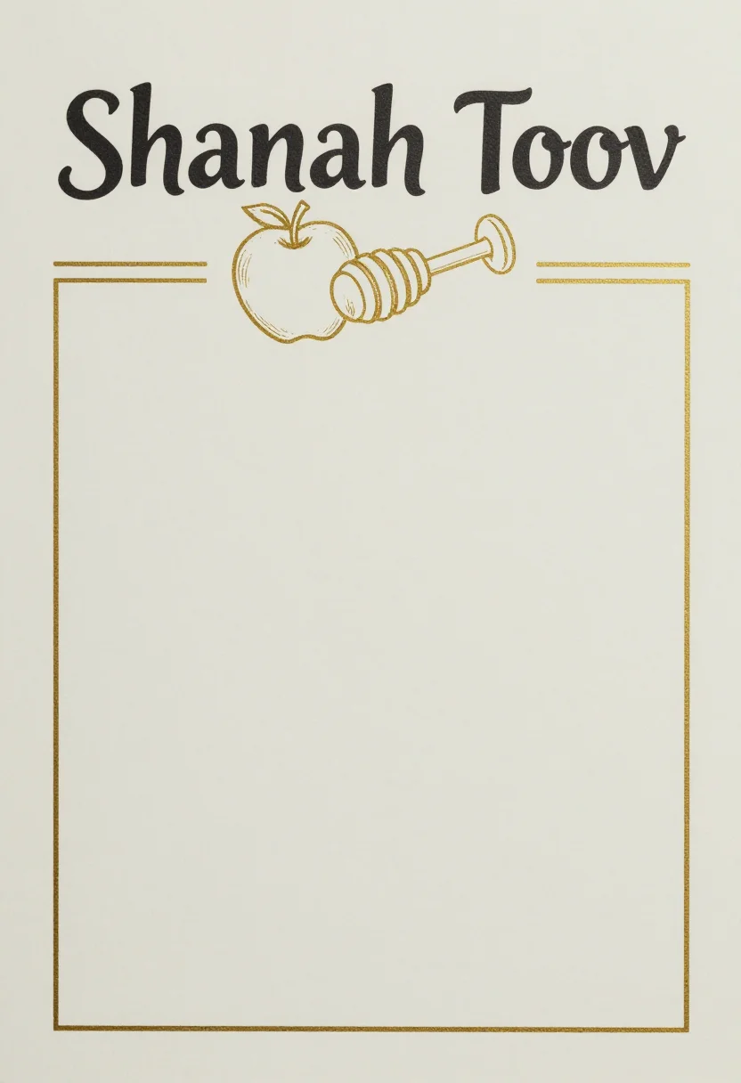 Rosh Hashanah cards — A new year greeting card with "Shanah Tovah" lettered in a broad centred line across the upper third, an apple and a honey dipper drawn beneath it in fine outline, and a wide clear panel filling the lower half., fine gold-line card design, single-weight drawn motif, no fills, wide letter tracking
