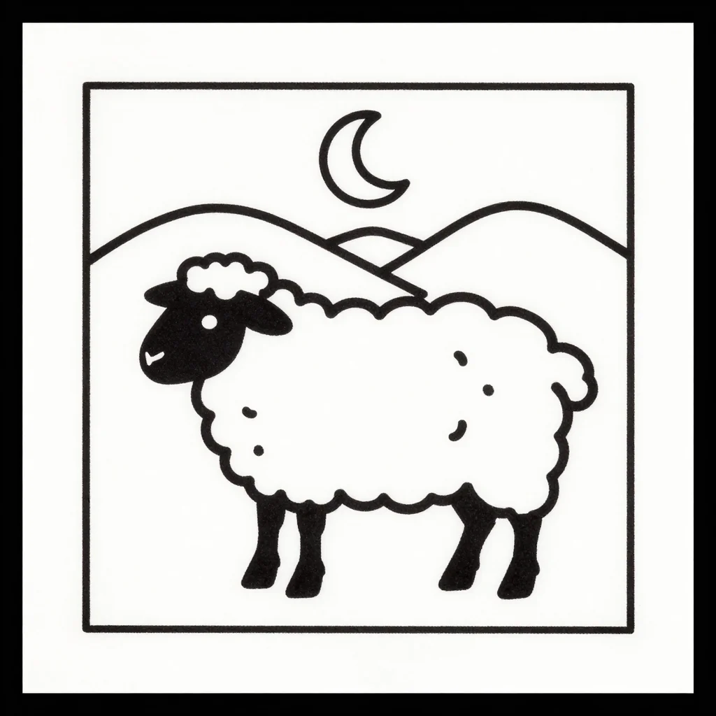 Rug-hooking patterns — a folk-art sheep standing in profile, a fat curly fleece body on four straight legs, a small dark face, three low hills behind it and a crescent moon above, drawn as the bare pattern to trace onto backing, bold black outlines of even weight, every shape closed, no shading, no hatching and no fills