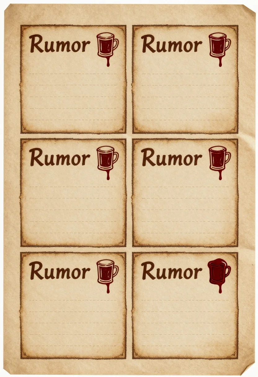 Rumor cards — a printable sheet of six small rumour cards in a 2 by 3 grid with dashed cut lines, each headed "Rumor" with a tankard icon and ruled lines below, tavern scrap look, stained torn-edge paper, quill-ink handwriting, tankard doodles, wax drips