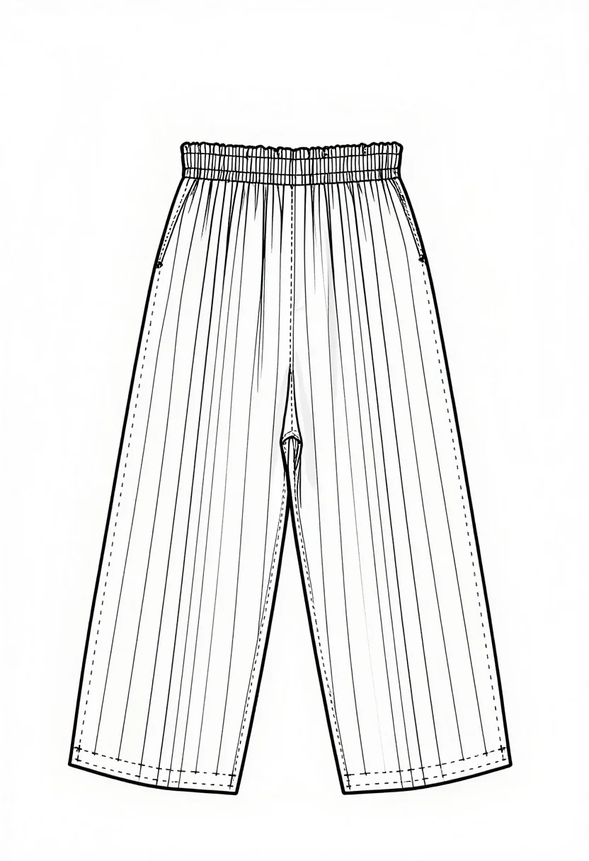 Salwar cutting patterns — a Patiala salwar cutting diagram with a very wide leg piece folded into many pleats at the ankle, the pleat lines dotted, a narrow ankle band and a waistband channel for the nada, a clean printable pattern in crisp black lines of one even weight, solid cutting lines and dashed seam lines, with small block-capital labels and measurements