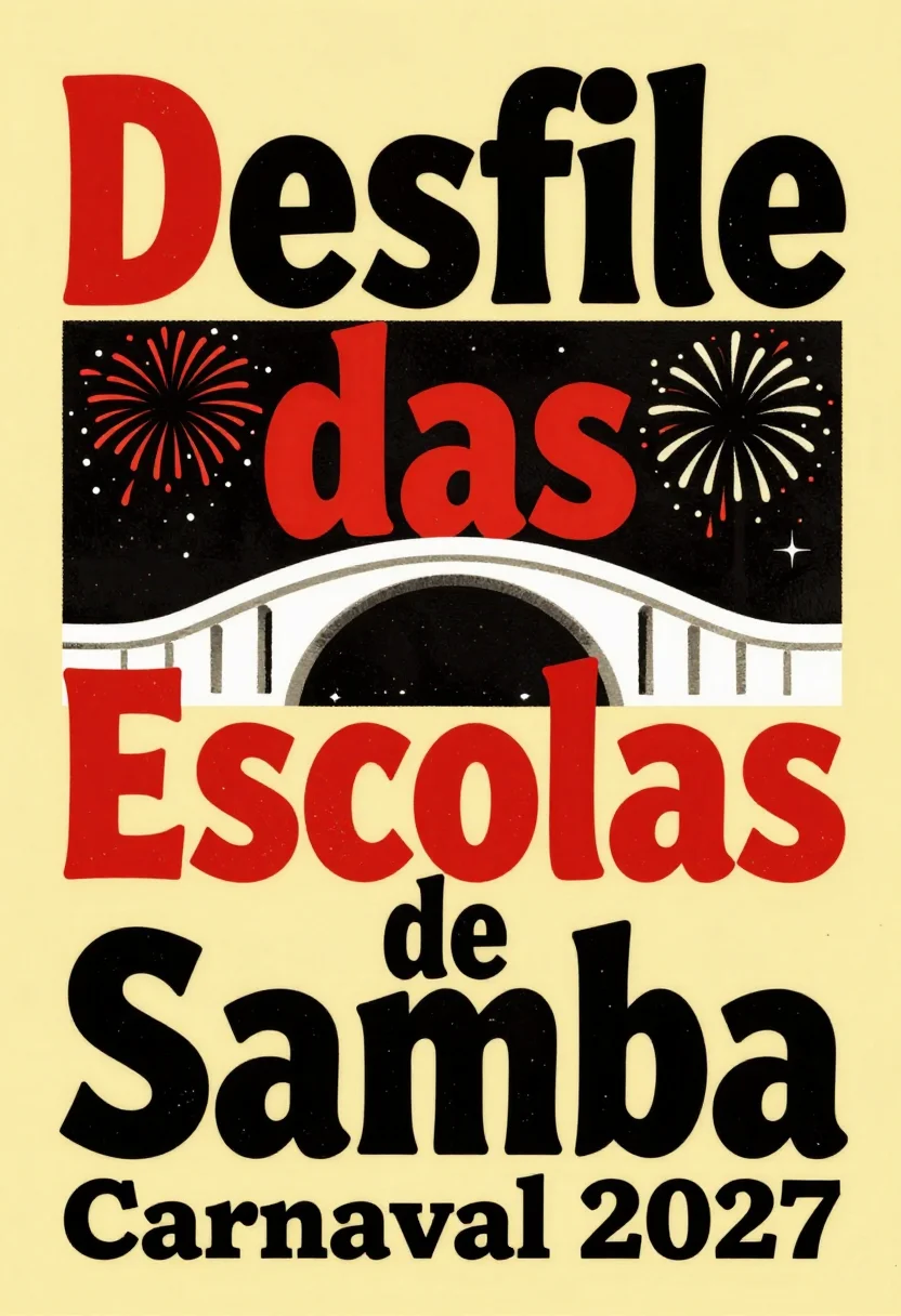 Samba school posters — a parade poster lettered "Desfile das Escolas de Samba" with "Carnaval 2027" beneath, the white arches of the Sambadrome under a night sky of fireworks, vintage lambe-lambe street poster with big woodcut-style letters, flat inks and rough print texture