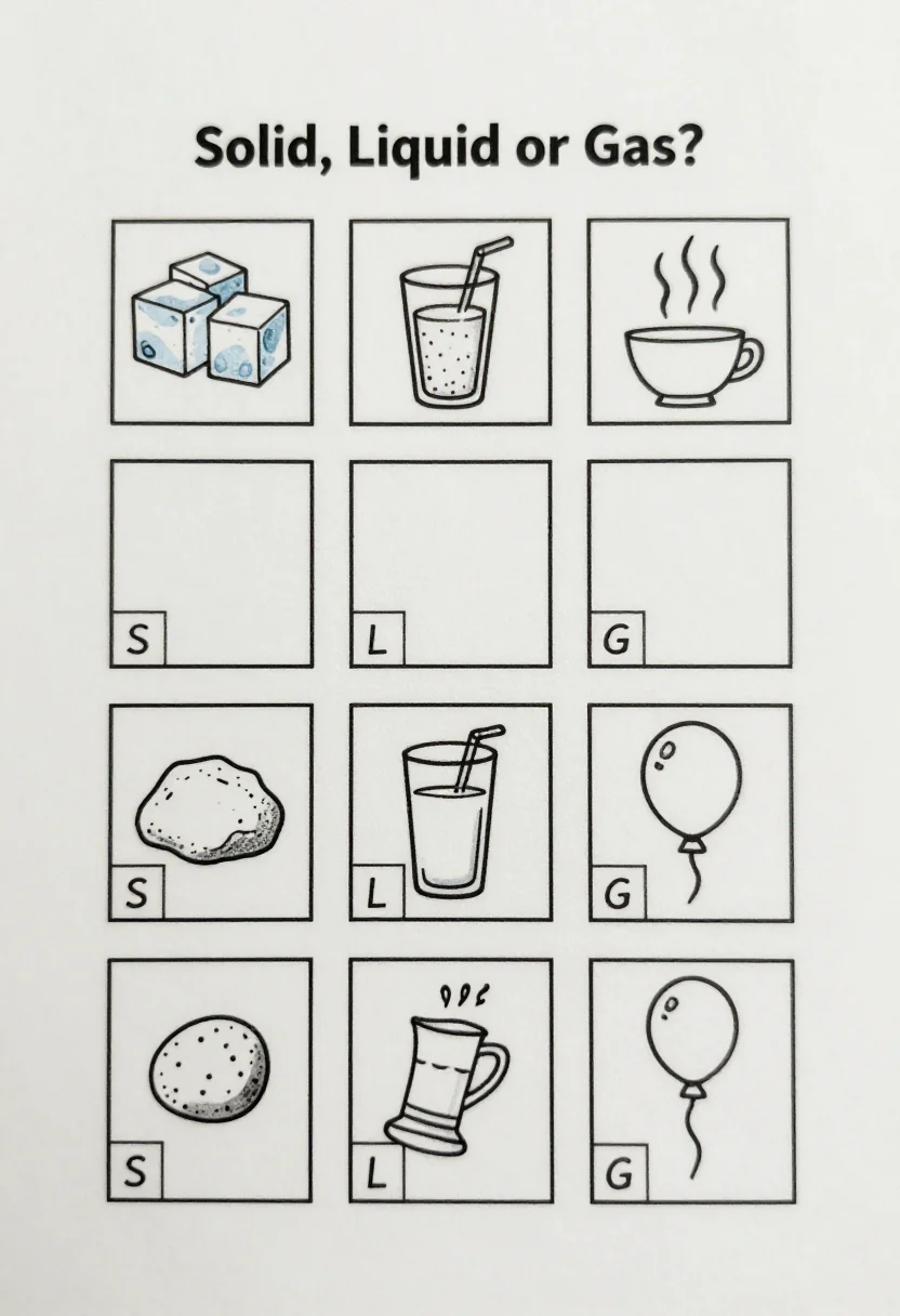 Science worksheets — a worksheet headed "Solid, Liquid or Gas?" with twelve picture boxes of ice, juice, steam, a rock, milk and a balloon among others, each with three empty tick boxes labelled "S", "L" and "G", a crisp black-and-white school worksheet, clean uniform black lines, tidy sans-serif lettering, ruled boxes and any pictures as simple line drawings