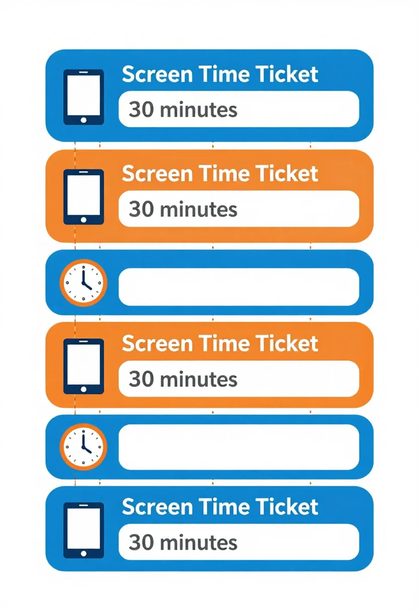 Screen time charts — a sheet of six cut-out tickets with dashed cut lines, each reading "Screen Time Ticket" and "30 minutes" beside a small tablet icon, bold flat chart with chunky rounded boxes and simple tablet, controller and clock icons
