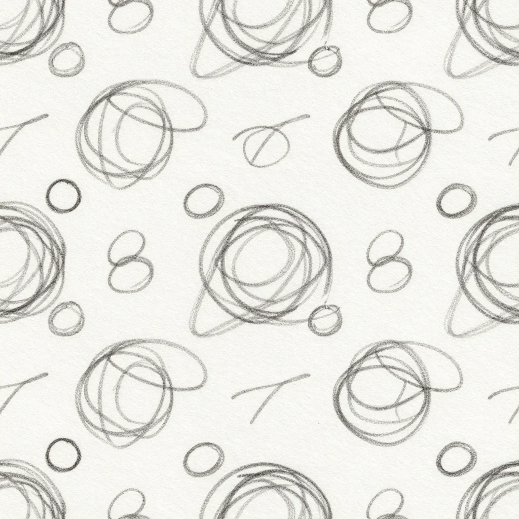 Scribbles — Loops the size of a lentil, drawn in a wobbling pencil line that overlaps itself, scattered evenly with the ground showing through, the pressure varying so some marks are darker than others., scribble repeat, looping marks drawn in one continuous wobbling line that crosses itself, the weight thickening and thinning with the hand's pressure, ground showing through every tangle, soft graphite with visible paper tooth