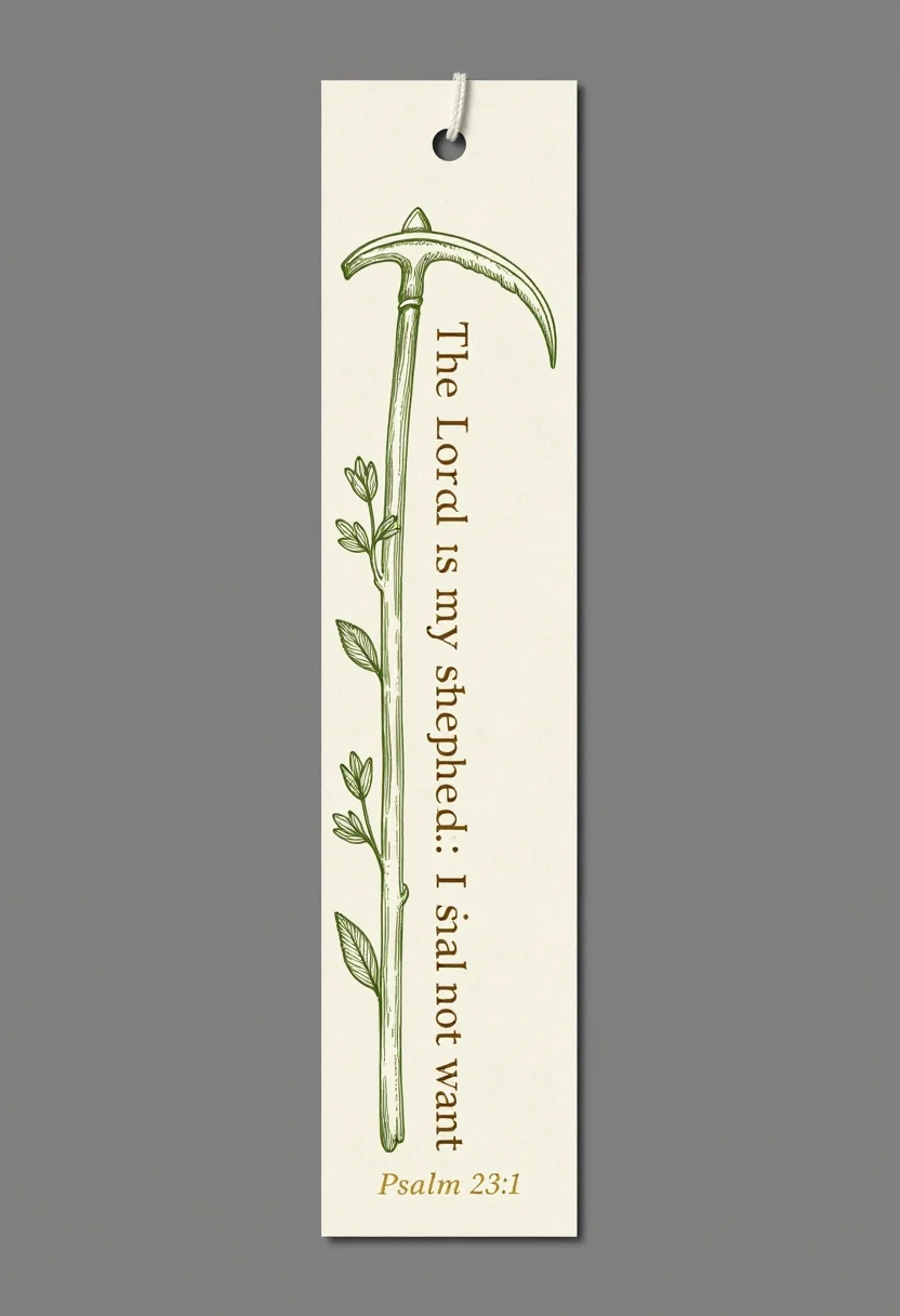 Scripture bookmarks — A tall narrow bookmark carrying "The Lord is my shepherd; I shall not want" set vertically in a fine serif with "Psalm 23:1" small at the foot, a shepherd's crook drawn in outline at the head, and a punched tassel hole above it., delicate botanical line drawing running the length of the strip, single stroke weight, no fills