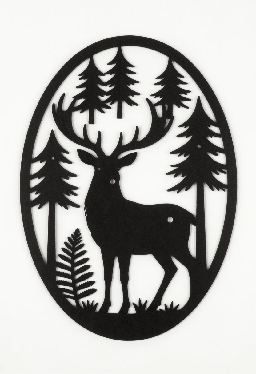 Scroll-saw patterns — a standing stag among pines and ferns inside a tall oval border, its antlers bridging out into the frame, a solid-silhouette pattern, the waste areas filled solid black and the wood left white so every cut reads at a glance